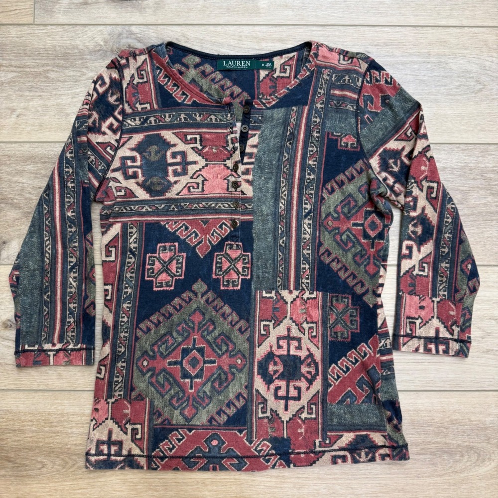 Vintage LRL Ralph Lauren Aztec Southwestern Henley 3/4 Sleeve Shirt Top M Boho